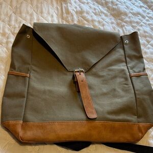 DSW Olive Green Canvas Backpack with Brown Trim